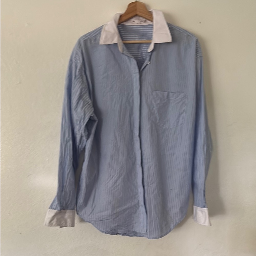 Good American Striped Button Up Shirt with White Accents in Blue Sz L AS IS
